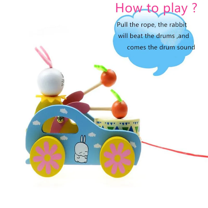 

1X Pulling Cart Wooden Cute Kid Rabbit Beating Drum Educational Toy for Children Toddler Funny For Kid To Playing