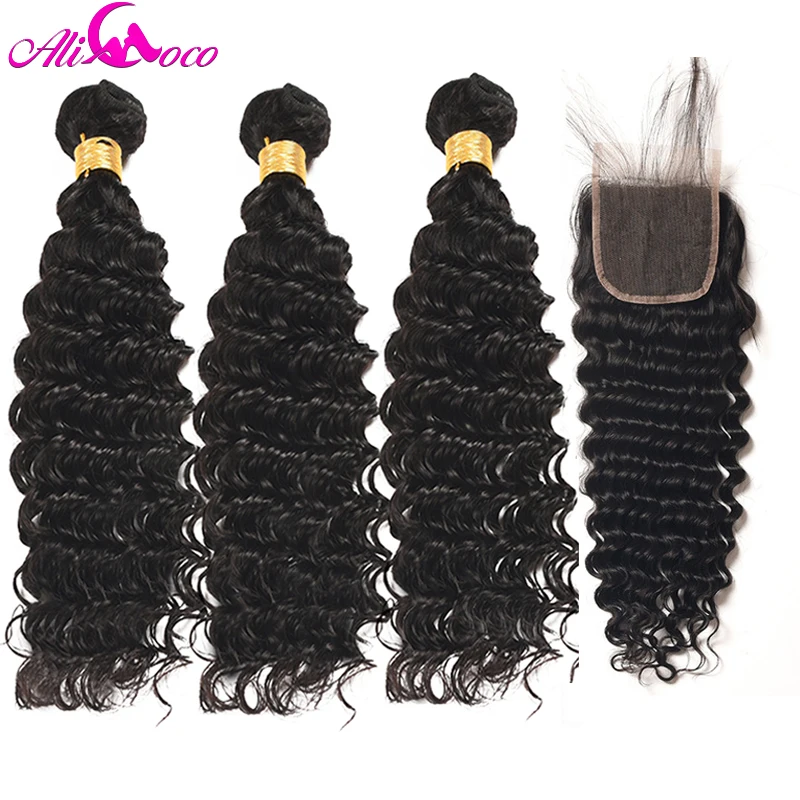 Ali Coco Brazilian Deep Wave 3 Bundles With Closure 100% Human Hair Bundles With Baby Closure 4*4 Non Remy Hair Extensions Ali Coco Brazilian Deep Wave 3 Bundles With Closure 100% Human Hair Bundles With Baby Closure 4*4 Non Remy Hair Extensions