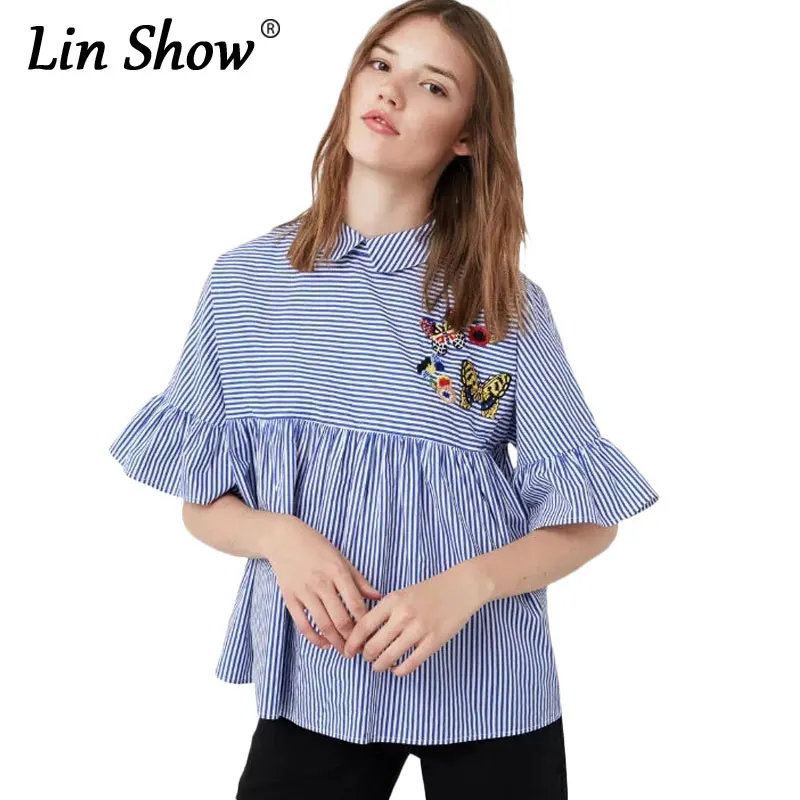 LINSHOW Butterfly Floral Embroidery Lapel Womens Blouses Striped Casual