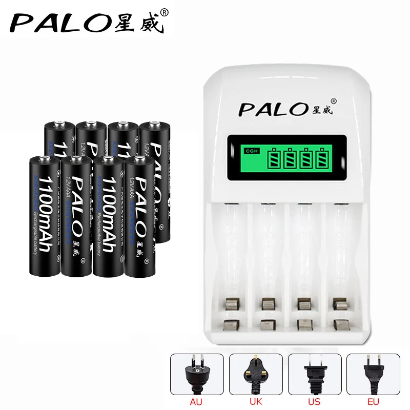 

Hot PALO C907W intelligent LCD display Indicator 4 Slots AA/AAA Battery Charger + 8pcs AAA 1100mah NI-MH Batteries Free shipping