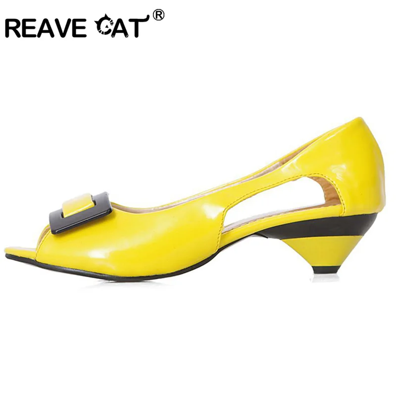 REAVE CAT Plus size 31-43 Small Wedge Peep toe Multi color Summer Women sandals Flower Patent Open toe Cone heels Casual Flats