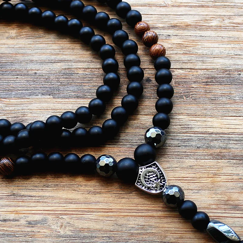 Дизайн Черные 6 мм каменные бусины с деревянными бусинами мужские Подвески ожерелье Модные ювелирные изделия