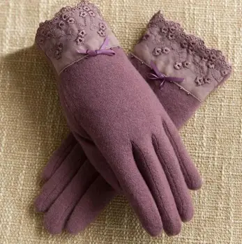 

Women's Thicken Thermal Warm Wool Gloves Female Winter Wool Lace Patchwork Small Bow Driving Glove R789