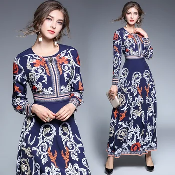 

Luxury Diamonds Flower Printing Women Long Dress 2017 Spring Autumn Elegant vestidos Beach Party Runway Designer Dress OM084
