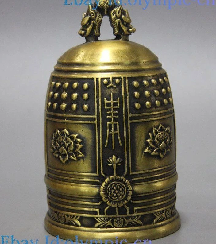 

6" Fine brass sculpture China copper carved lotus dragon buddhism bell Statue