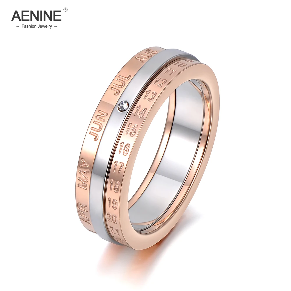 

AENINE Fashion Rotatable Ring Silver & Rose Gold Color Monthly Calendar Jewelry With Single Cystal Stainless Steel Ring AR18133