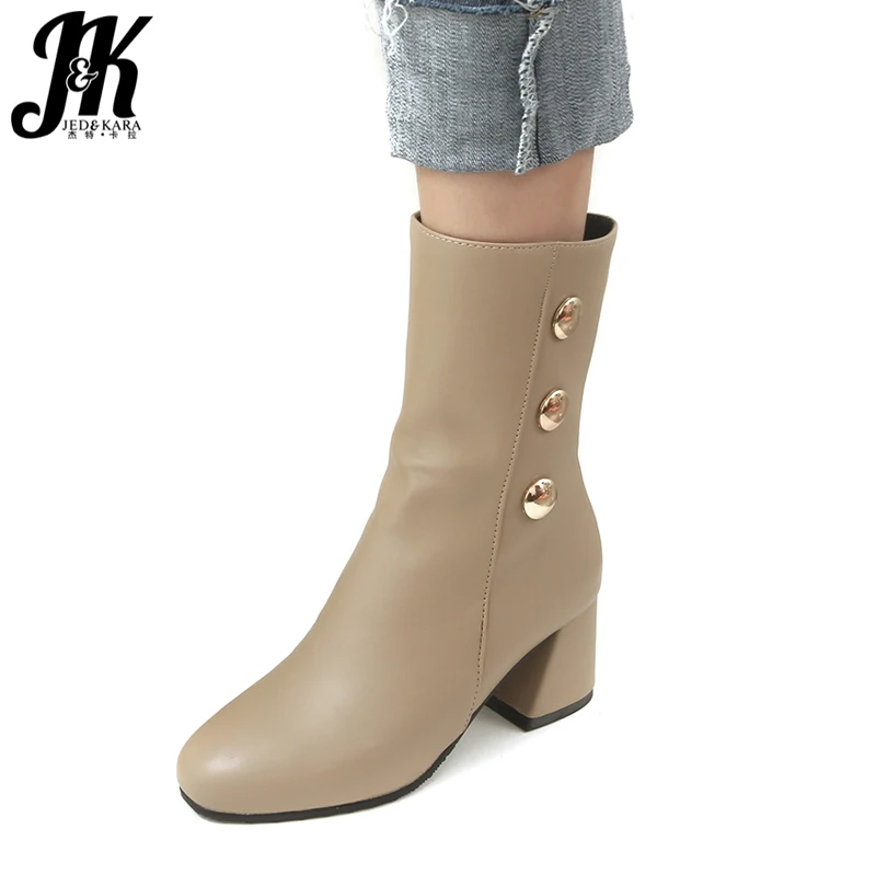JK Thick High Heels Women Ankle Boots Round Toe Zip Footwear Rivet Female Boot Shoes Woman Winter 2018 Plus Size 46 | Обувь