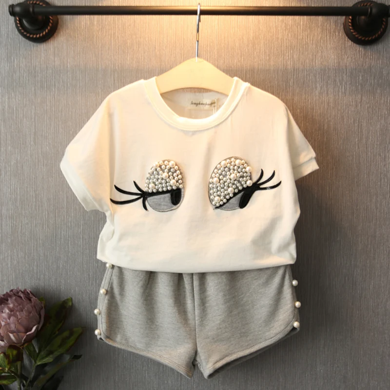 pearl girls clothes set lovely long eyelashes toddler Girl tops pants girls suit kids clothes