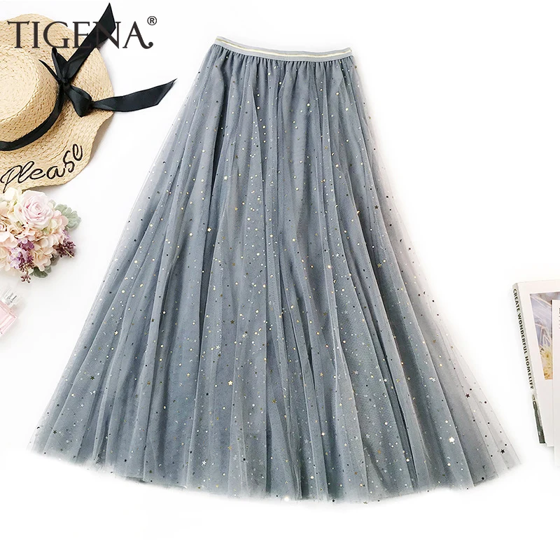

TIGENA Fashion Shiny Glitter Sequin Tulle Skirt Women 2019 Summer Long Maxi Skirt Female Korean A-line High Waist Pleated Skirt