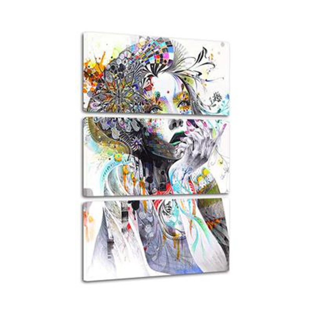 Multicolor Pencil Painting Canvas Print Flower Girl Portrait Artwork Picture for Lobby Area Room Wall Decor 3 Pieces Home Decor