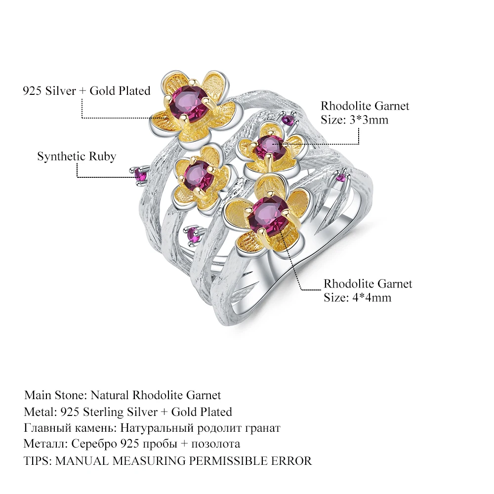 GEM'S балетное 925 пробы Серебряное кольцо ручной работы 0.96Ct натуральный родолит гранат цветок сливы кольца для женщин ювелирные украшения