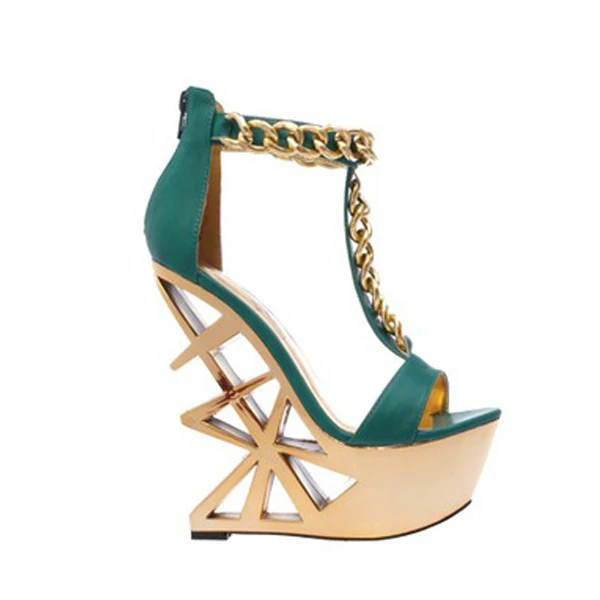 Gullick Cutout Gold Metallic Heels Woman Sandal Strange Style T bar Strap Wedge Sandal Chains 