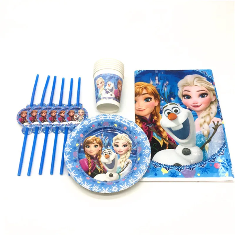 

Disney Frozen Theme Paper Cup Plate Tablecloth Anniversary Wedding Girl Birthday Flexible Straw Decoration Supply 37Pcs/lot