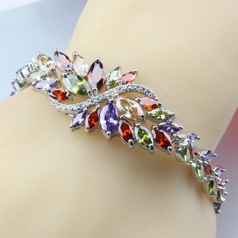 

9-Color Flower 925 Sterling Silver Jewelry Colorful Zircon Adjustable Link Chain Bracelet Length 20CM Sweet Romantic Decoration