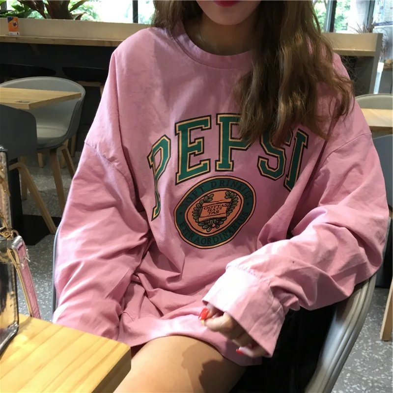 2019 осенние женские свитшоты корейские негабаритные легкие Свободные Кофты с буквенным принтом Повседневный пуловер kawaii розовая уличная