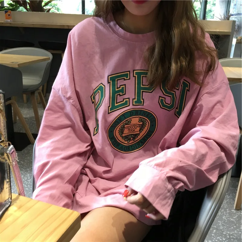 

2019 autumn Women Sweatshirts korean oversized thin Hoodies letter Print Casual Pullover kawaii pink Long Sleeve streetwear Tops