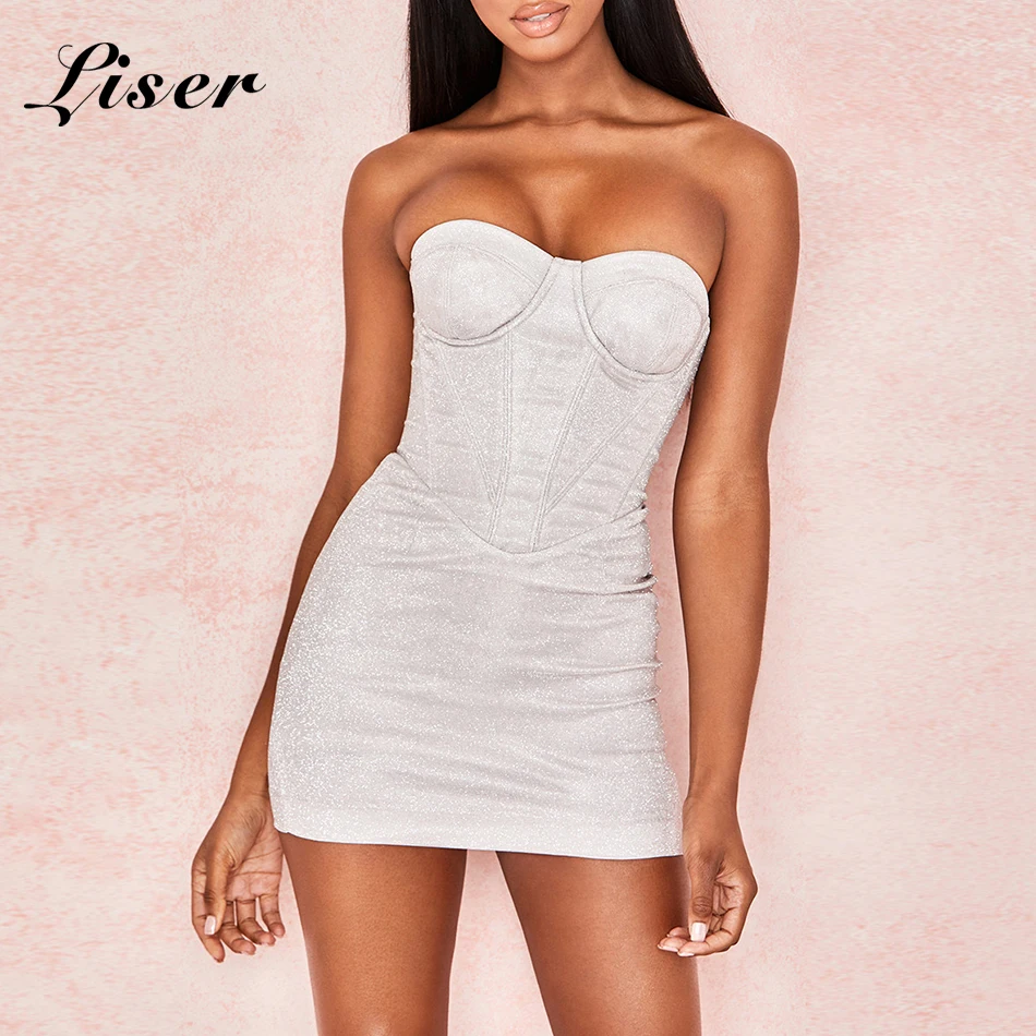

Liser 2019 New Summer Women Dress Sleeveless Strapless Dress Sexy Bodycon Elegant Celebrity Party Silver Mini Dresses Vestidos