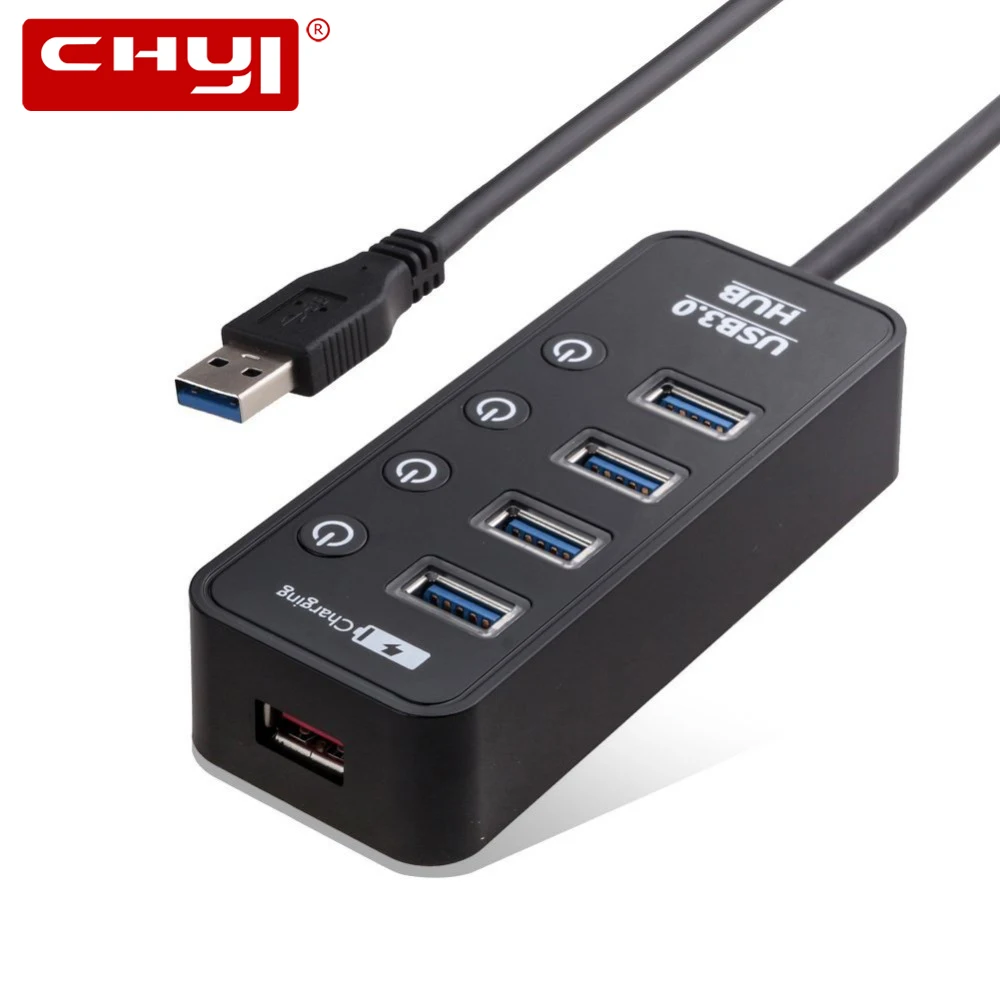 

CHYI USB 3.0 HUB USB-A To 4 Port 3.0 With Smart Fast Charging LED ON/OFF Switch External DC 5V/2A Power Supply Splitter Adapter