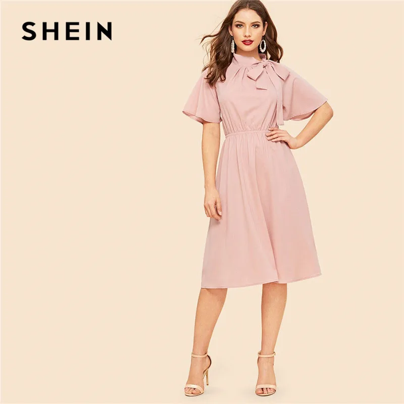 SHEIN Pink Tie Neck Flutter Sleeve High Waist Knee Length Dress Summer ...