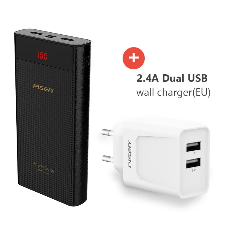 PowerBank Pisen Портативный внешний аккумулятор 20000 мАч. Поддежка TYPE-C. Micro USB. 2.1A, 1.5A, зарядка двух устройств - Цвет: DLF2B 2USB EU plug