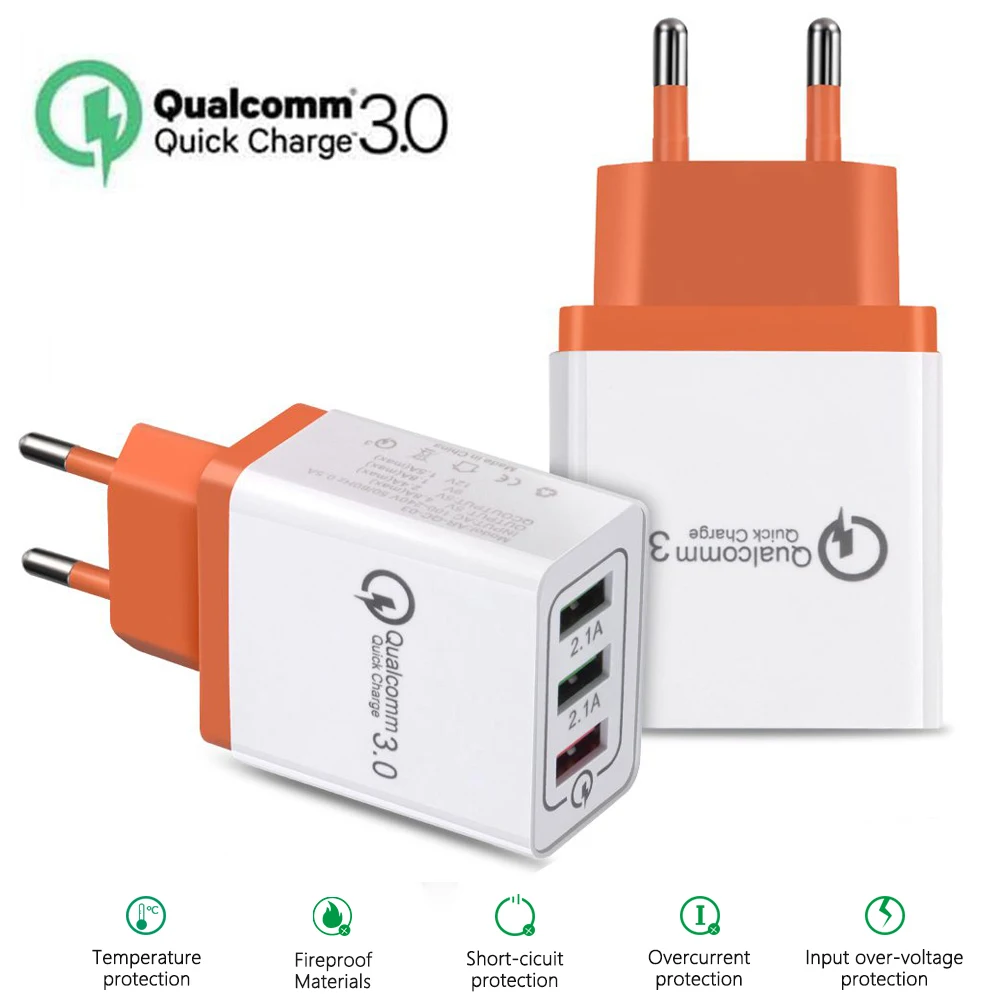 

400PCS 18W USB Quick charge 3.0 5V 3A Fast Wall Charger Adapter 3 USB Mobile Phone Charger For for iPhone Huawei Samsug