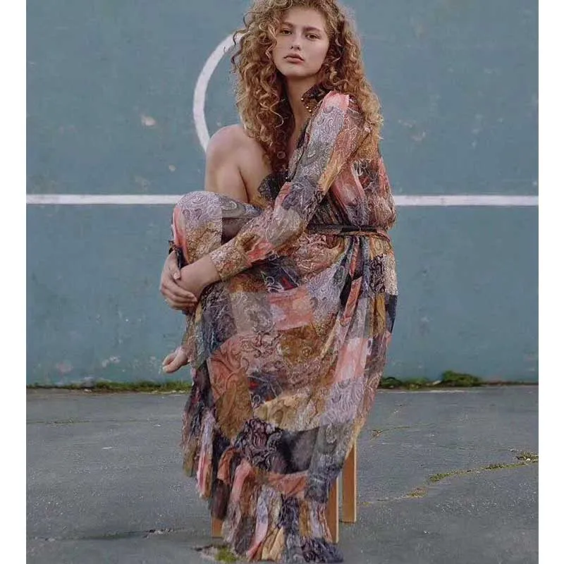 

Cosmicchic Designer Runway Dress Long Sleeve Square Printing V-neck Ruffle Silk Dress Mid-calf Beach Dress 2 Piece ZIM 2019
