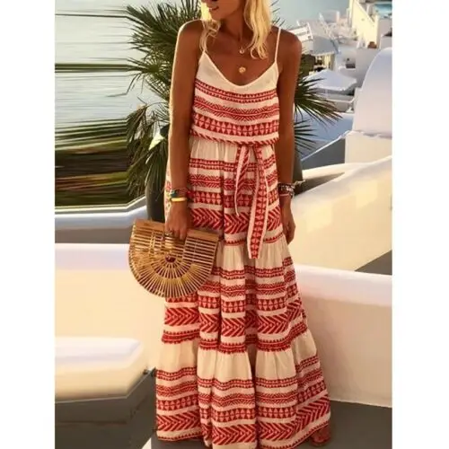 

Women Low Cut Strappy Long Maxi Dress Summer Boho Vintage Backless Sling Loose Striped Beach Holiday Slip Dress Plus Size