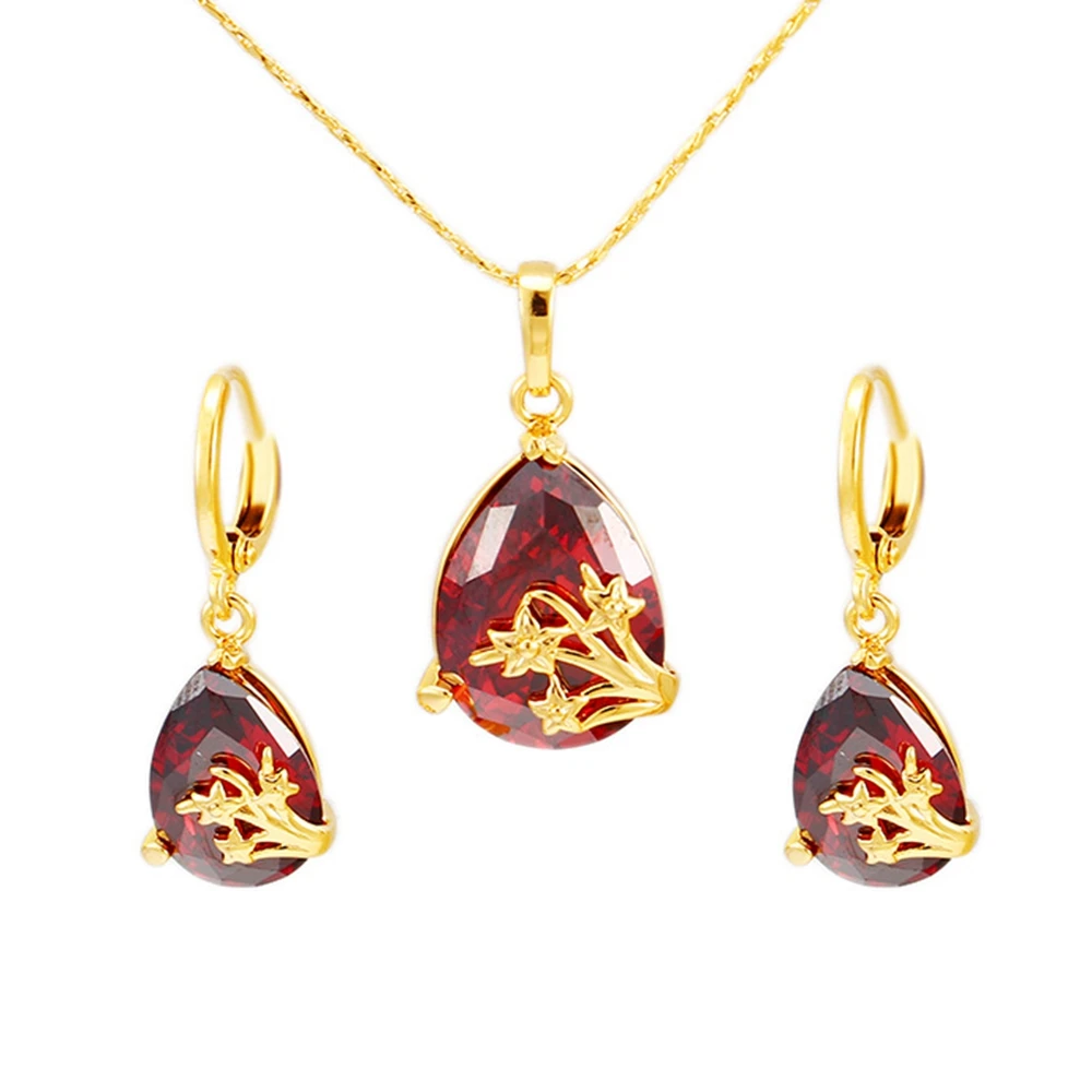

Teardrop Red Pendant Earrings Jewelry Set Yellw Gold Filled Delicate Womens Fashion Gift