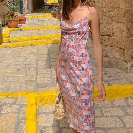 

Vintage Print Spaghetti Strap Dress Women Basic Sleeveless Sexy Casual Slim Dress