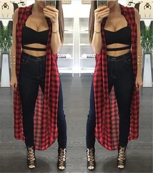 

New Fashion Women Plaid Cardigan Casual Long Robe Cover Up Sleeveless Red And Black Line England Plaid Tops