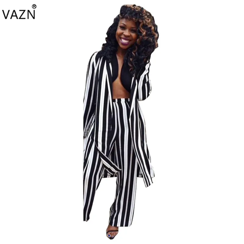 VAZN 2018 модная летняя 2-шт полосатые длинные Комбинезоны женские пальто с длинными рукавами комплекты дамы выдалбливают регулярные
