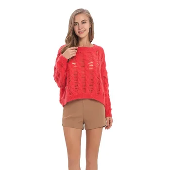 

New Sexy Hollow Out Red Sweater Women Spring Leisure Joker Solid Top Batwing Sleeve Female Pullovers