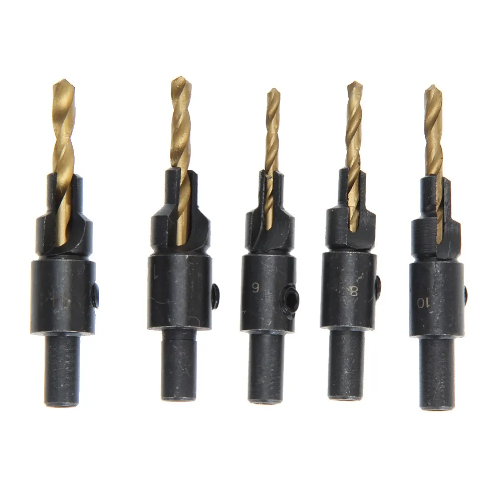 5pcs Hss Woodworking Ti Countersink Drill Bit Set Wood Countersinks Screw Size #6 #8 #10 #12 #14 High Quality Hot Sale