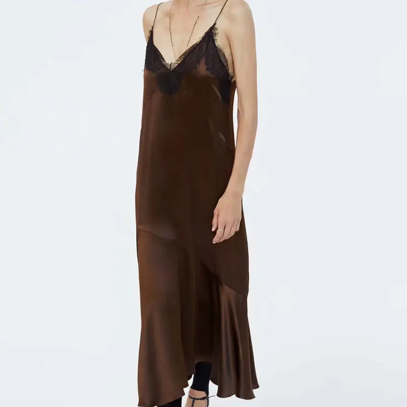 Fashion women's suspender dress solid color slim lace side stitching