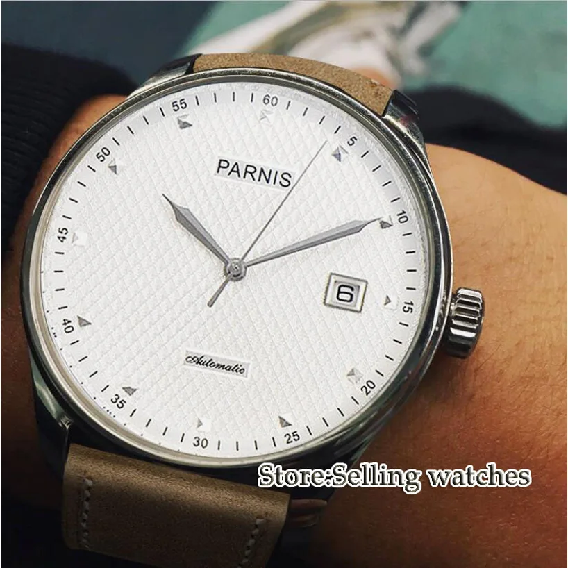 

43mm parnis white dial date window ST 2551 automatic mens watch