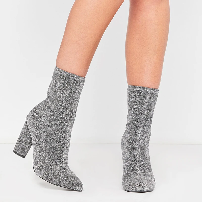 Baimier/Роскошные серебристые женские сапоги-носки; женские сапоги на высоком каблуке с круглым носком; Лидер продаж; Стильные серые зимние женские ботильоны