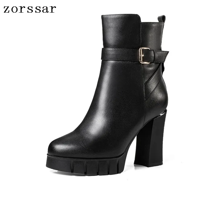 

{Zorssar} Platform High heel Woman Ankle Boots Soft leather Women Motorcycle boots Winter Plush Female Booties Platform boots