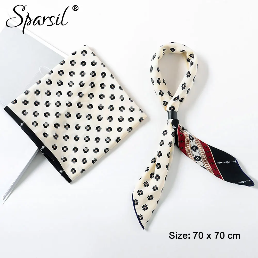 

Sparsil Women 70x70 Satin Silk Square Scarf + Buckle Female Fashion Animal Floral Wraps Spring Summer Soft All Match Scarves