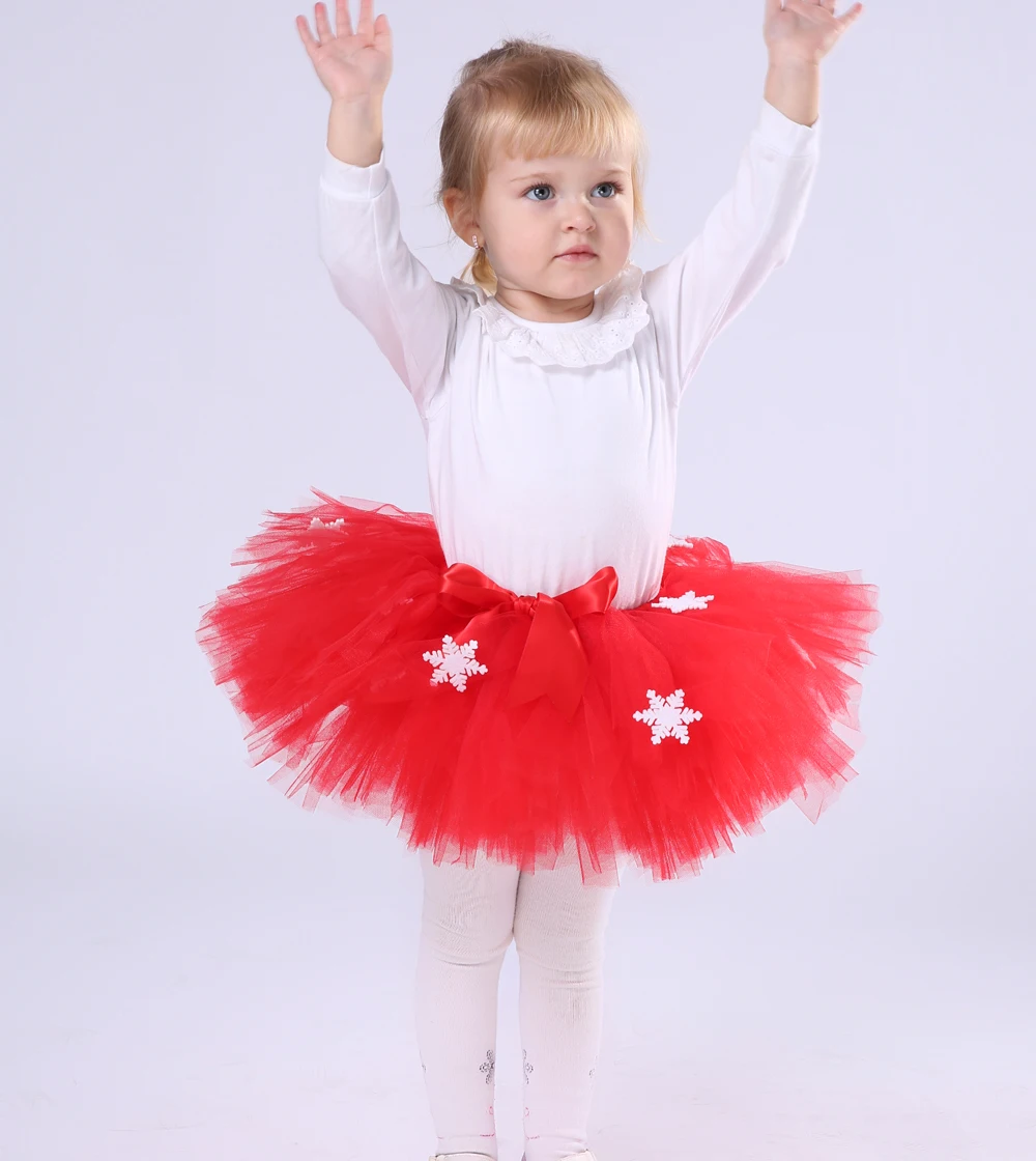 Christmas Red Color Snowflake Girl Tutu Skirt Puffy Cute Princess Girls New Year Ribbons Tulle Skirts Holidays Festival Costume