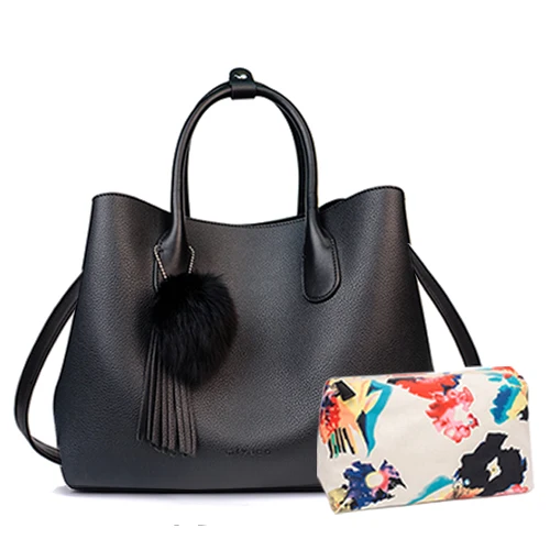 Miyaco Брендовые женские сумки, платья, женская сумка, маленькая Повседневная Сумка-тоут, черная кожаная сумка с верхней ручкой, цветочный кошелек - Цвет: Black and fur ball