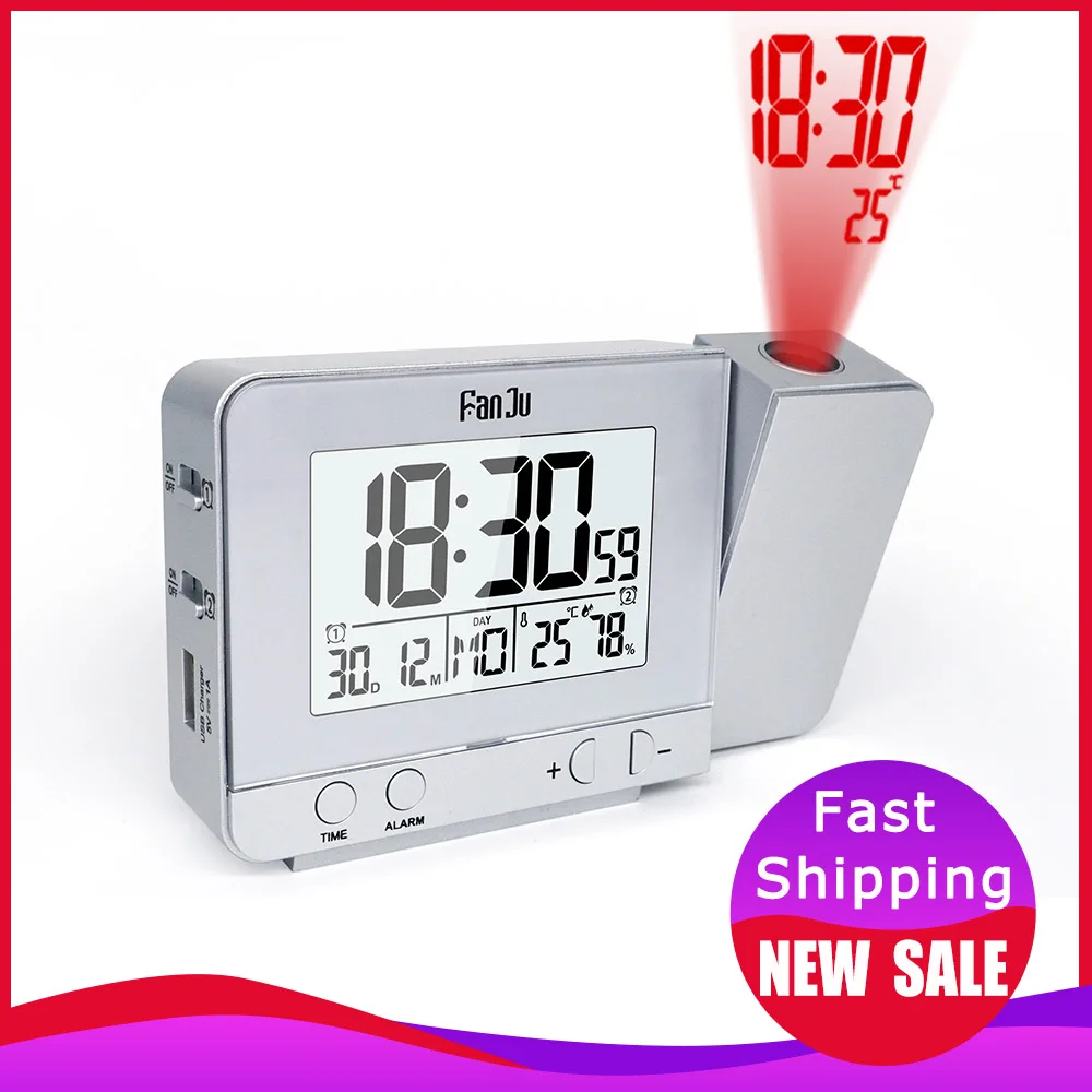 Comprar Reloj despertador para proyector Digital fanju fj3531 con luz de fondo LED para mesa electrónica, reloj de humedad y temperatura con proyección de tiempo