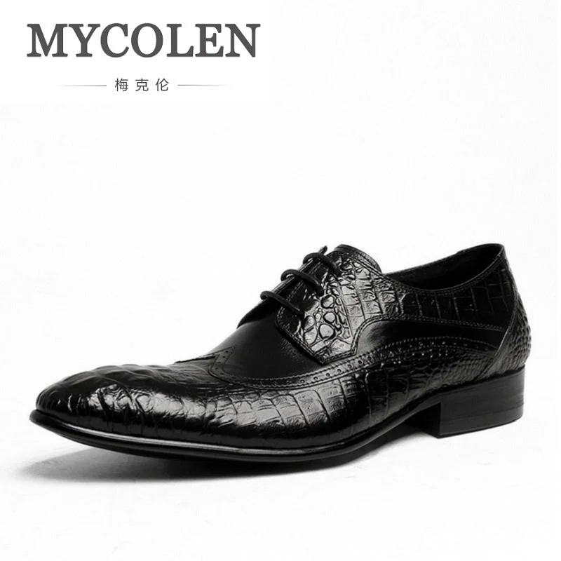 

MYCOLEN Spring/Autumn Red/Black Crocodile Pattern Men's Genuine Leather Men Shoes Pointed Toe Designer Brogue Dress Shoes