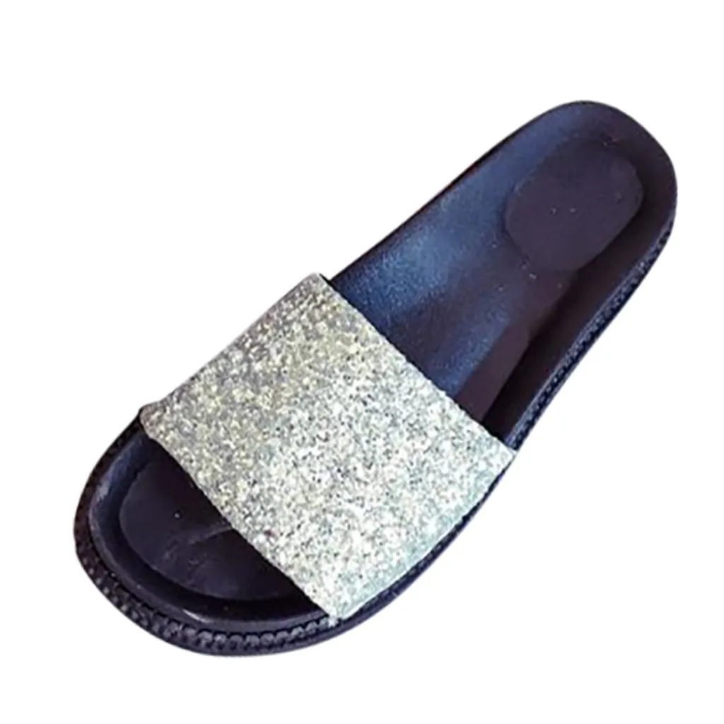 Женские летние сандалии на плоской толстой платформе, с блестками, без шнуровки, с круглым носком, пляжная обувь, удобные женские шлепанцы - Цвет: Серебристый