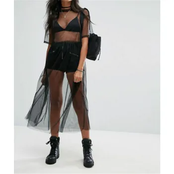 

2019 Sexy Dress Women Black Gauze Mesh Sheer Tops Sheer Long Dress Casual Loose Bikini Cover-up Transparent Short Sleeve Dresses