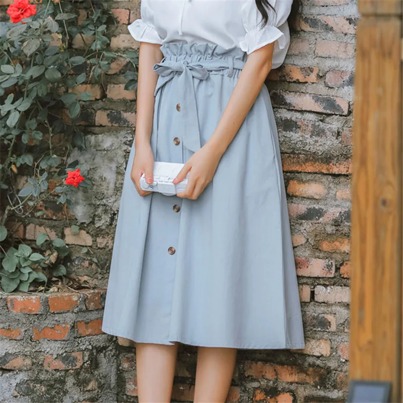 

Spring summer Skirts Womens Long Skirt high waist Korean Skirt A word skirt Solid Color Leisure College Kawaii Button Skirt