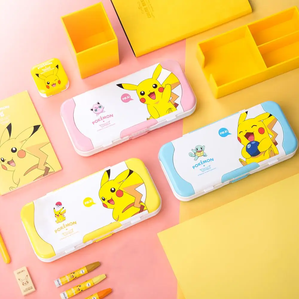 Deli cute children multifunctional three-layer pencil box Cartoon Pikachu plastic pencil cases gifts school stationery ruler set