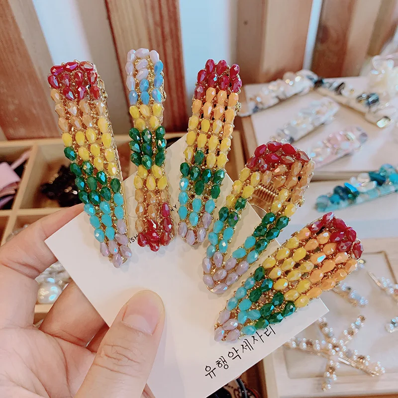 

2019 New Korea Crystal Beads Hair Clip Rainbow Color Barrette Sweet Hair Grip Elastic Hair bands Hair Accessories for Women Par