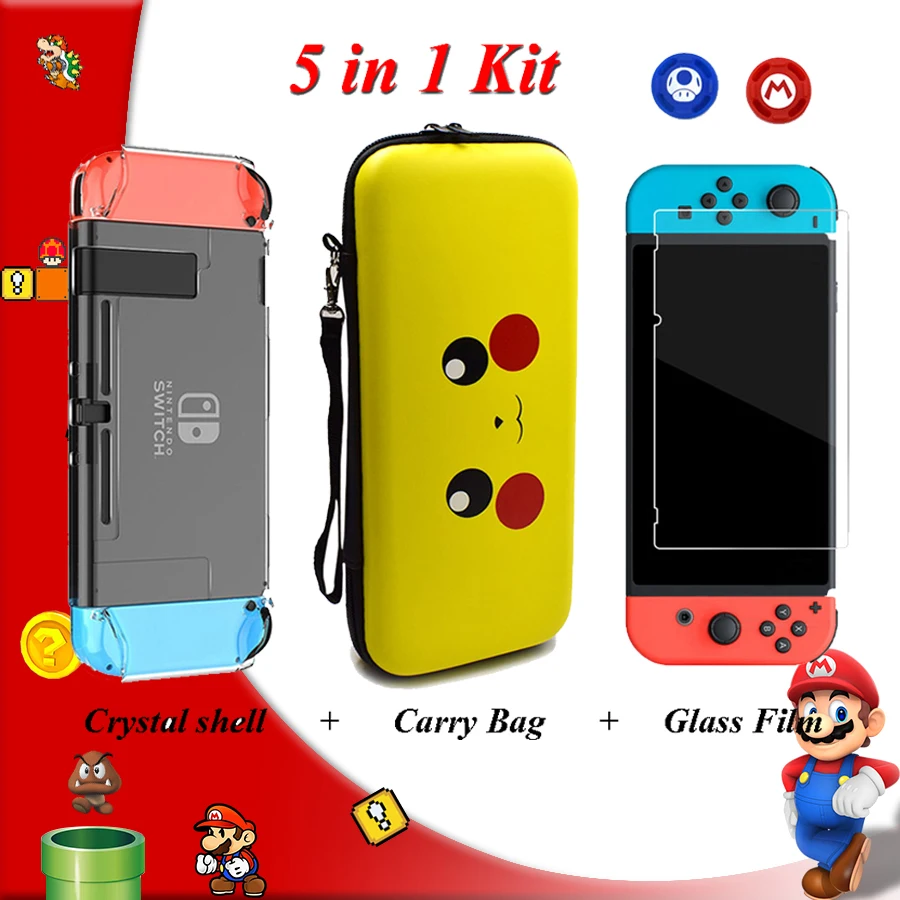

5 In 1 Nintend Switch Accessories Hand Bag Screen Protector Crystal Hard Case 2 Thumb Caps Nintendoswitch for Nintendo Switch