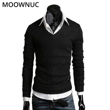 Свитера, пуловеры для мужчин Homme, тонкие, сохраняющие тепло, однотонные, Осенние, модные, умные, повседневные мужские свитера, джемпер с v-образным вырезом MOOWNUC MWC