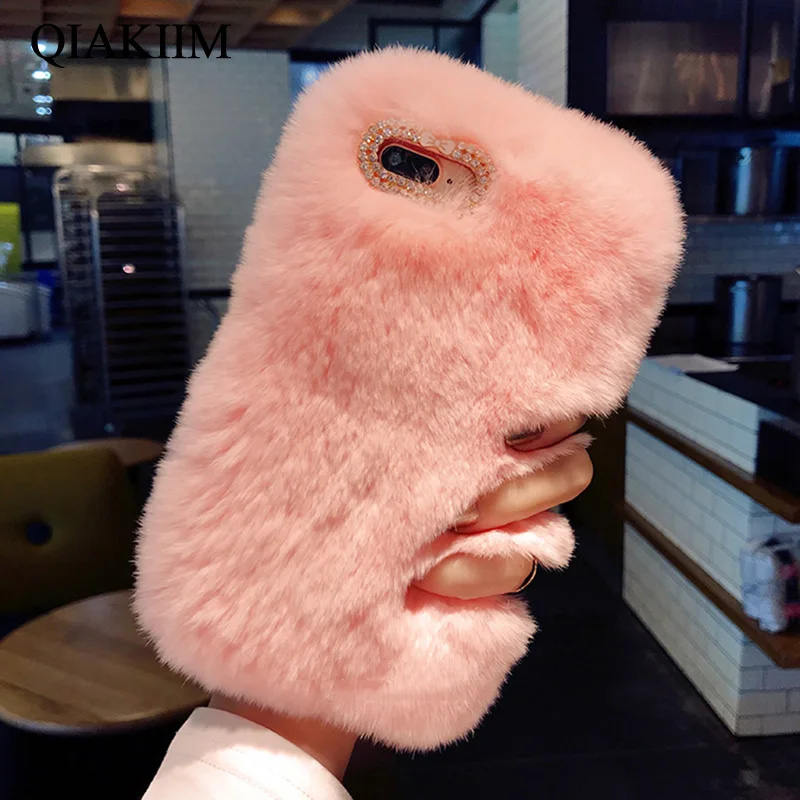 

Cute Rabbit Fur Case for iPhone XS Max XR X 8 7 6 6S Plus Winter Warm Fluffy Plush Cases For Samsung Galaxy S9 S8 Plus Note 9 8